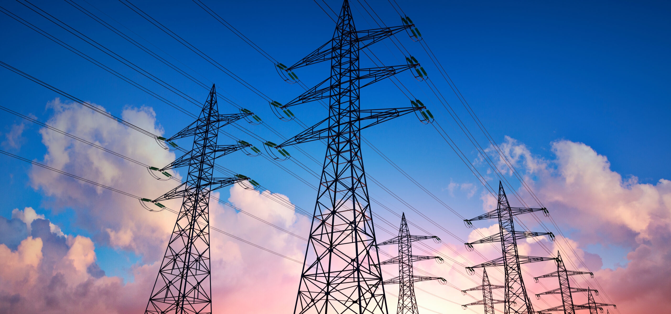 High voltage power lines in the sky – 3D illustration