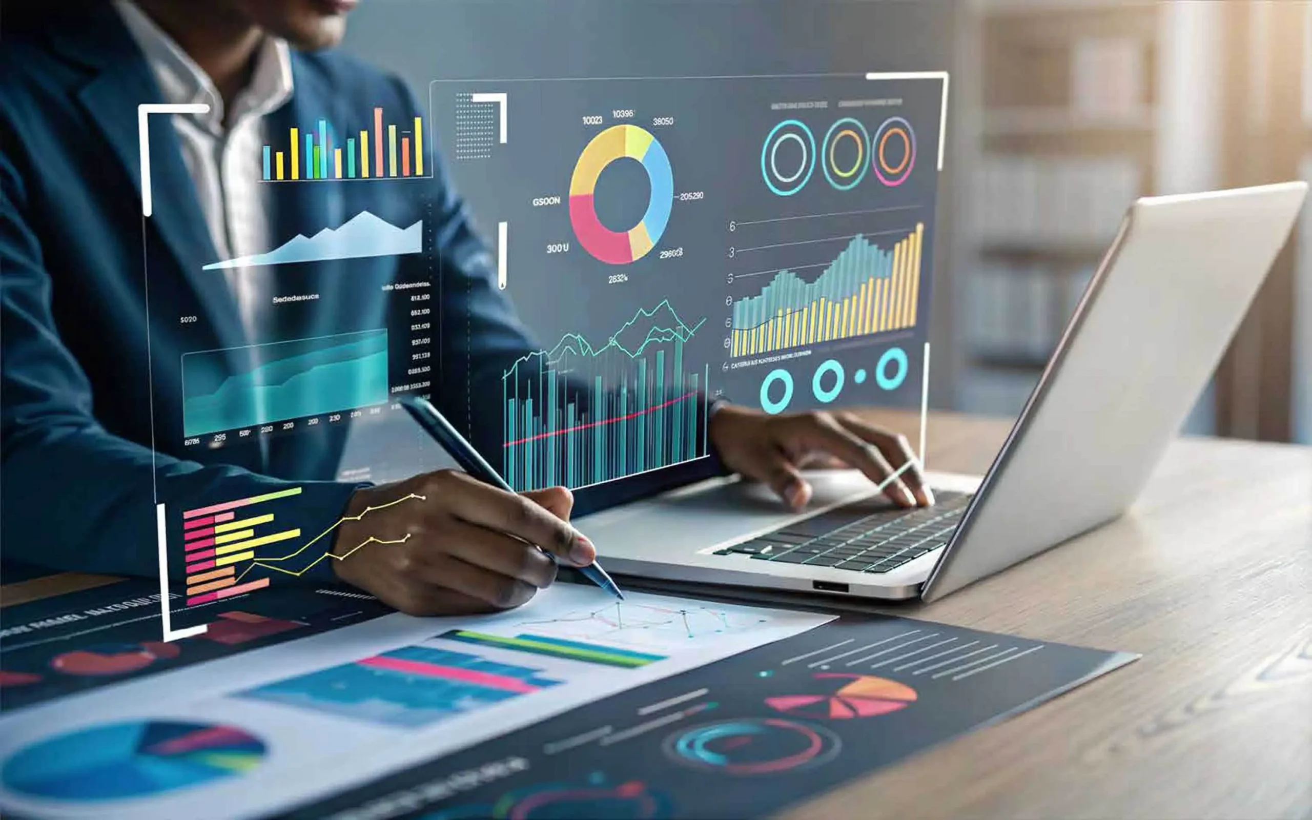 Professional reviewing colorful analytics charts on a laptop during a conference.