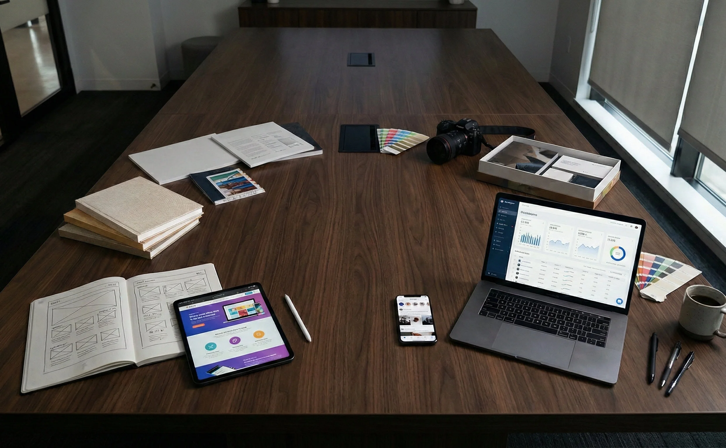 A table full of marketing products representing how Hahn delivers integrated marketing, communications, and creative for energy, food and beverage, and health and nutrition companies.